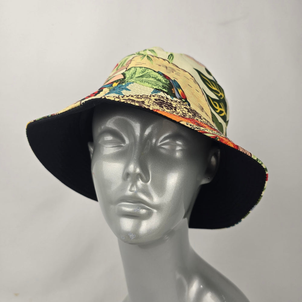 Reversible Black Tropical Floral Portrait Print Bucket Hat