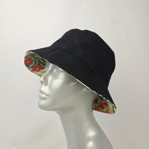 Reversible Black Tropical Floral Portrait Print Bucket Hat