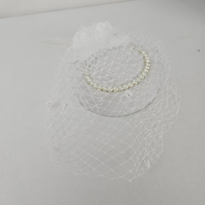 White Bridal Fascinator Hat Veil Flower Feather Pearl Hair Clip