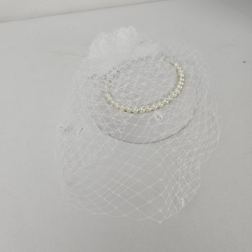 White Bridal Fascinator Hat Veil Flower Feather Pearl Hair Clip