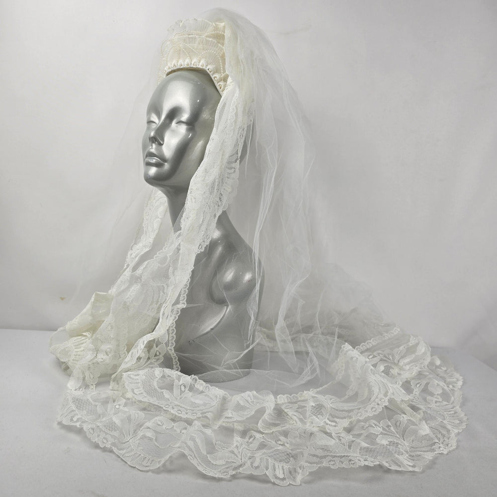 Vintage White Bridal Wedding Veil Lace Trim Pearl Beaded Tiara Headpiece Comb