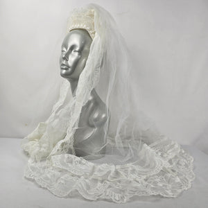 Vintage White Bridal Wedding Veil Lace Trim Pearl Beaded Tiara Headpiece Comb
