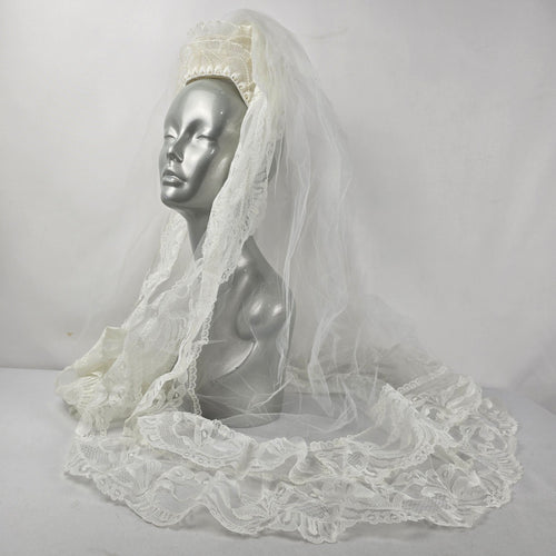 Vintage White Bridal Wedding Veil Lace Trim Pearl Beaded Tiara Headpiece Comb