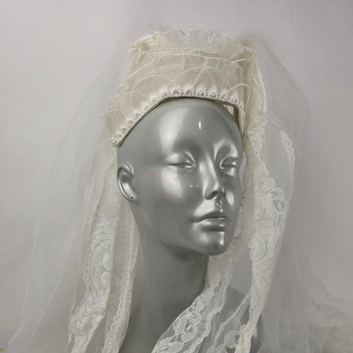 Vintage White Bridal Wedding Veil Lace Trim Pearl Beaded Tiara Headpiece Comb