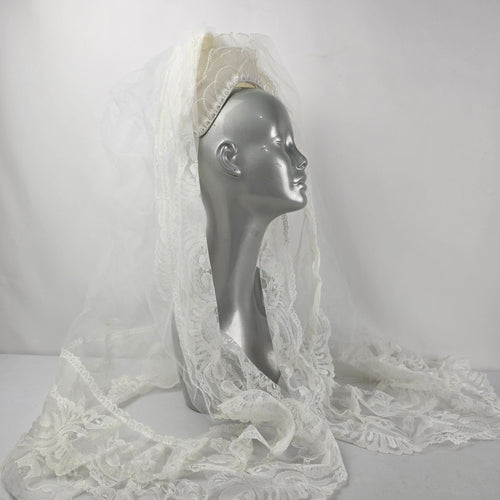 Vintage White Bridal Wedding Veil Lace Trim Pearl Beaded Tiara Headpiece Comb