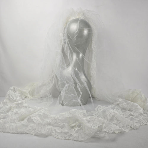 Vintage White Bridal Wedding Veil Lace Trim Pearl Beaded Tiara Headpiece Comb
