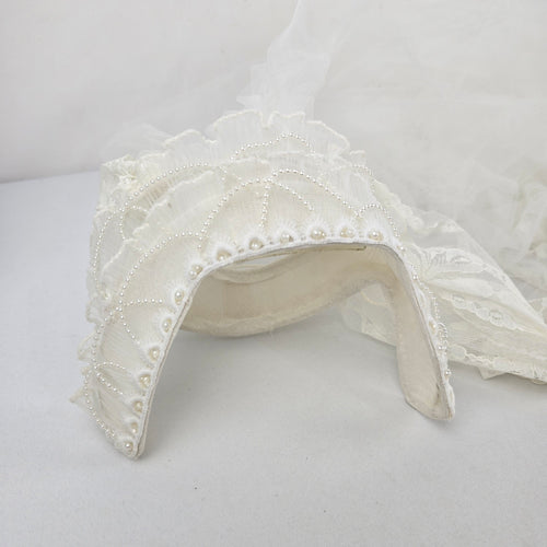 Vintage White Bridal Wedding Veil Lace Trim Pearl Beaded Tiara Headpiece Comb