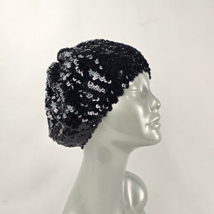 Vintage Black Sequin Beret Hat Evening Cocktail Glam Cap