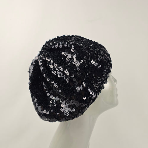 Vintage Black Sequin Beret Hat Evening Cocktail Glam Cap