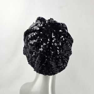 Vintage Black Sequin Beret Hat Evening Cocktail Glam Cap