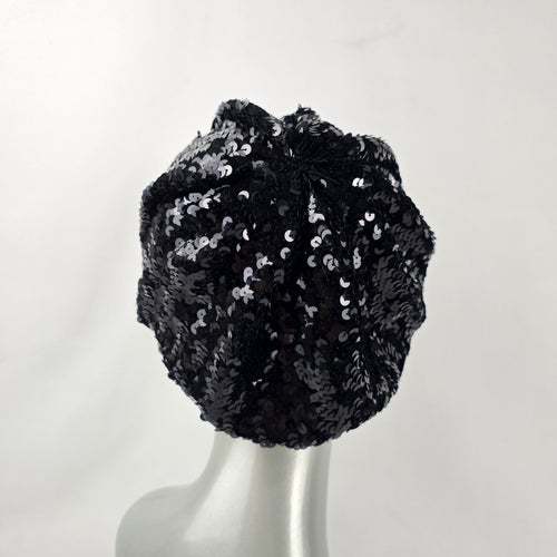 Vintage Black Sequin Beret Hat Evening Cocktail Glam Cap