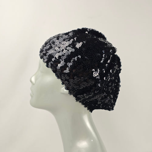 Vintage Black Sequin Beret Hat Evening Cocktail Glam Cap