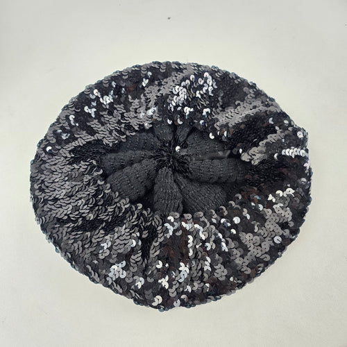 Vintage Black Sequin Beret Hat Evening Cocktail Glam Cap