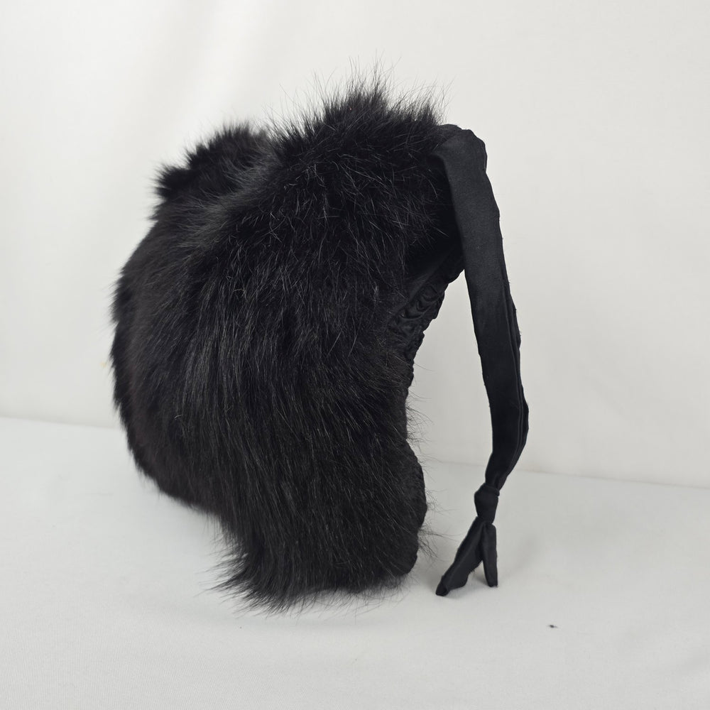 Vintage 1950s Black Fox Fur Muff Clutch Handbag Wristlet Evening Purse