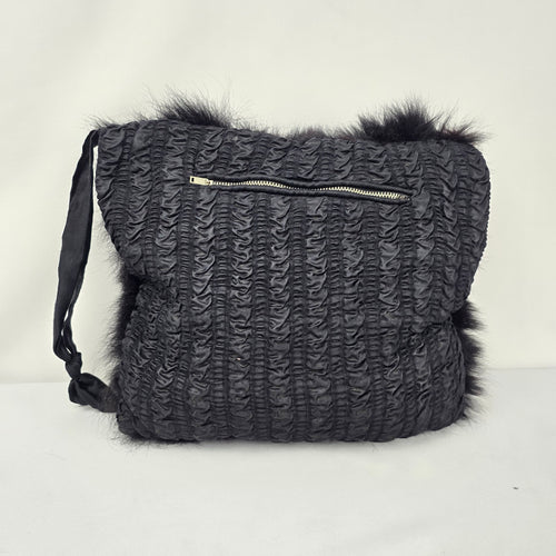 Vintage 1950s Black Fox Fur Muff Clutch Handbag Wristlet Evening Purse