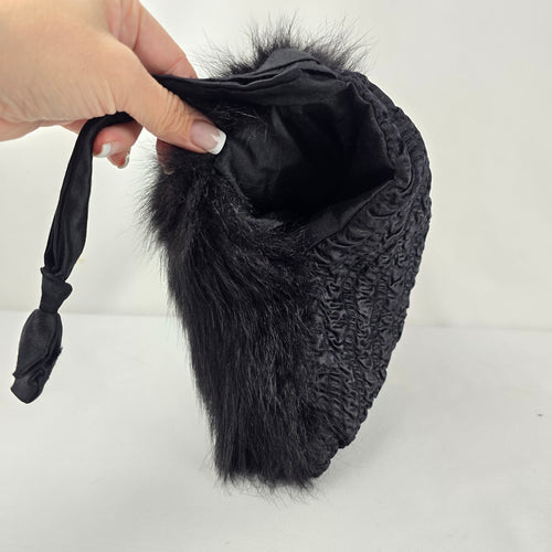 Vintage 1950s Black Fox Fur Muff Clutch Handbag Wristlet Evening Purse