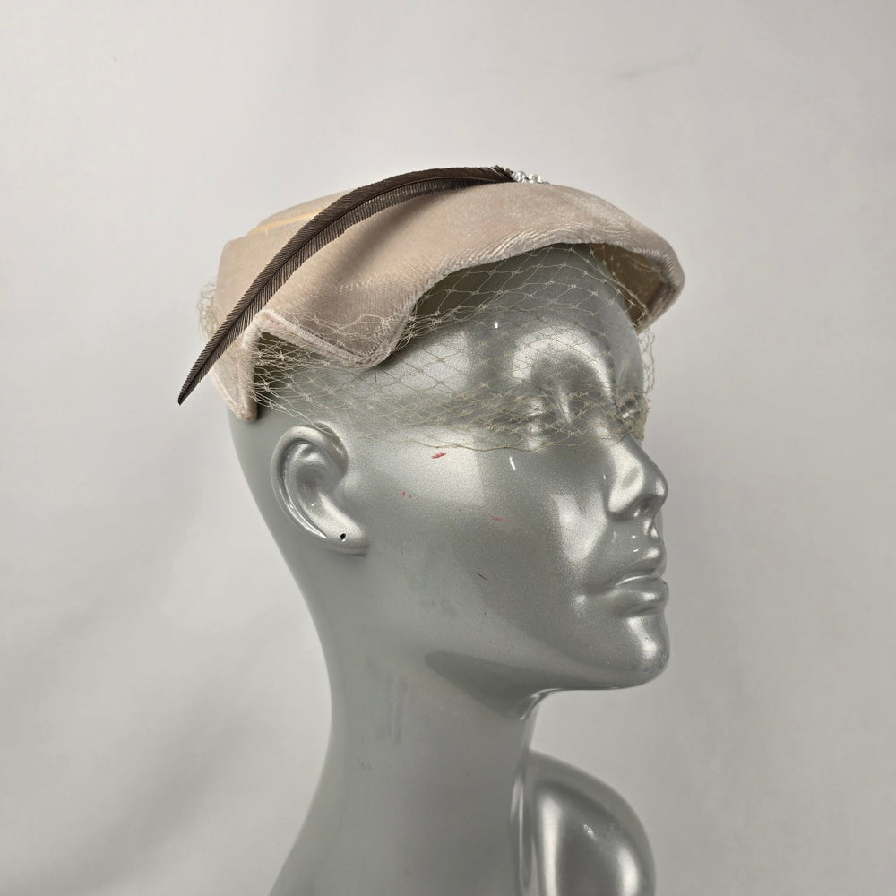 Vintage Beige Velvet Fascinator Hat Birdcage Veil Feather Pearl Accent