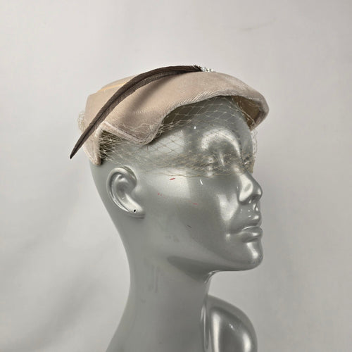 Vintage Beige Velvet Fascinator Hat Birdcage Veil Feather Pearl Accent