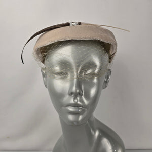 Vintage Beige Velvet Fascinator Hat Birdcage Veil Feather Pearl Accent