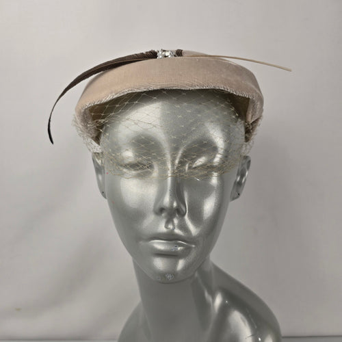Vintage Beige Velvet Fascinator Hat Birdcage Veil Feather Pearl Accent