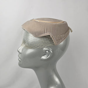 Vintage Beige Velvet Fascinator Hat Birdcage Veil Feather Pearl Accent