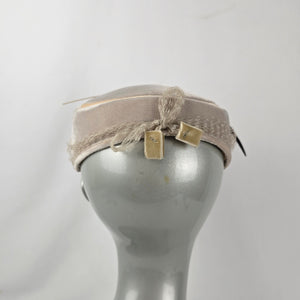 Vintage Beige Velvet Fascinator Hat Birdcage Veil Feather Pearl Accent