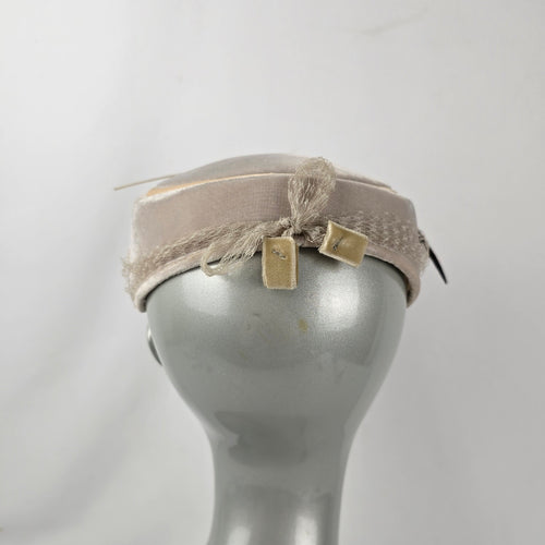 Vintage Beige Velvet Fascinator Hat Birdcage Veil Feather Pearl Accent