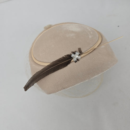Vintage Beige Velvet Fascinator Hat Birdcage Veil Feather Pearl Accent