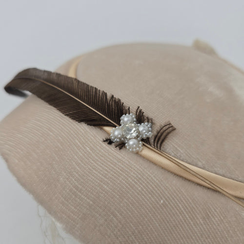 Vintage Beige Velvet Fascinator Hat Birdcage Veil Feather Pearl Accent
