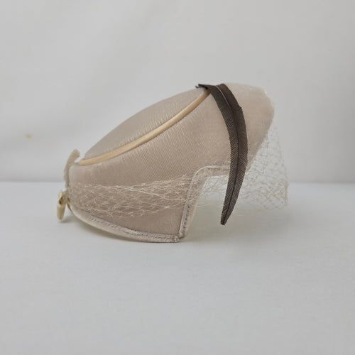 Vintage Beige Velvet Fascinator Hat Birdcage Veil Feather Pearl Accent