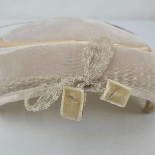 Vintage Beige Velvet Fascinator Hat Birdcage Veil Feather Pearl Accent