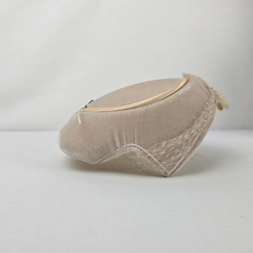 Vintage Beige Velvet Fascinator Hat Birdcage Veil Feather Pearl Accent