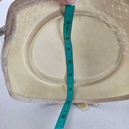 Vintage Beige Velvet Fascinator Hat Birdcage Veil Feather Pearl Accent