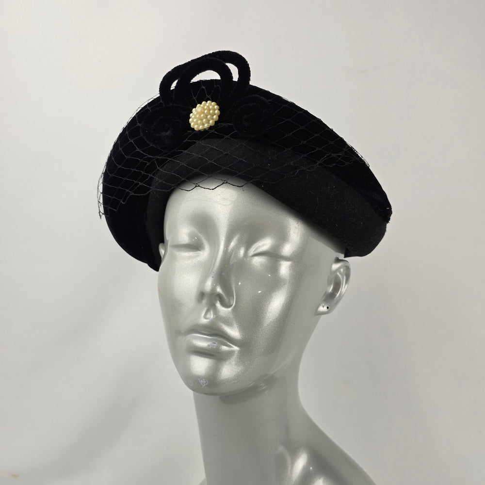 Vintage Eaton’s Black Tilt Hat with Veil Netting Velvet Trim & Faux Pearl Accent