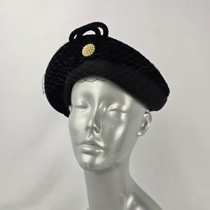 Vintage Eaton’s Black Tilt Hat with Veil Netting Velvet Trim & Faux Pearl Accent