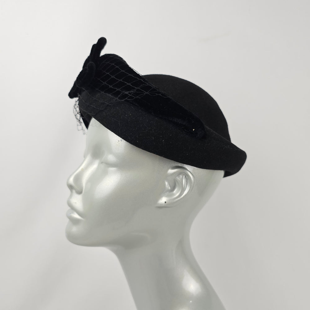 Vintage Eaton’s Black Tilt Hat with Veil Netting Velvet Trim & Faux Pearl Accent