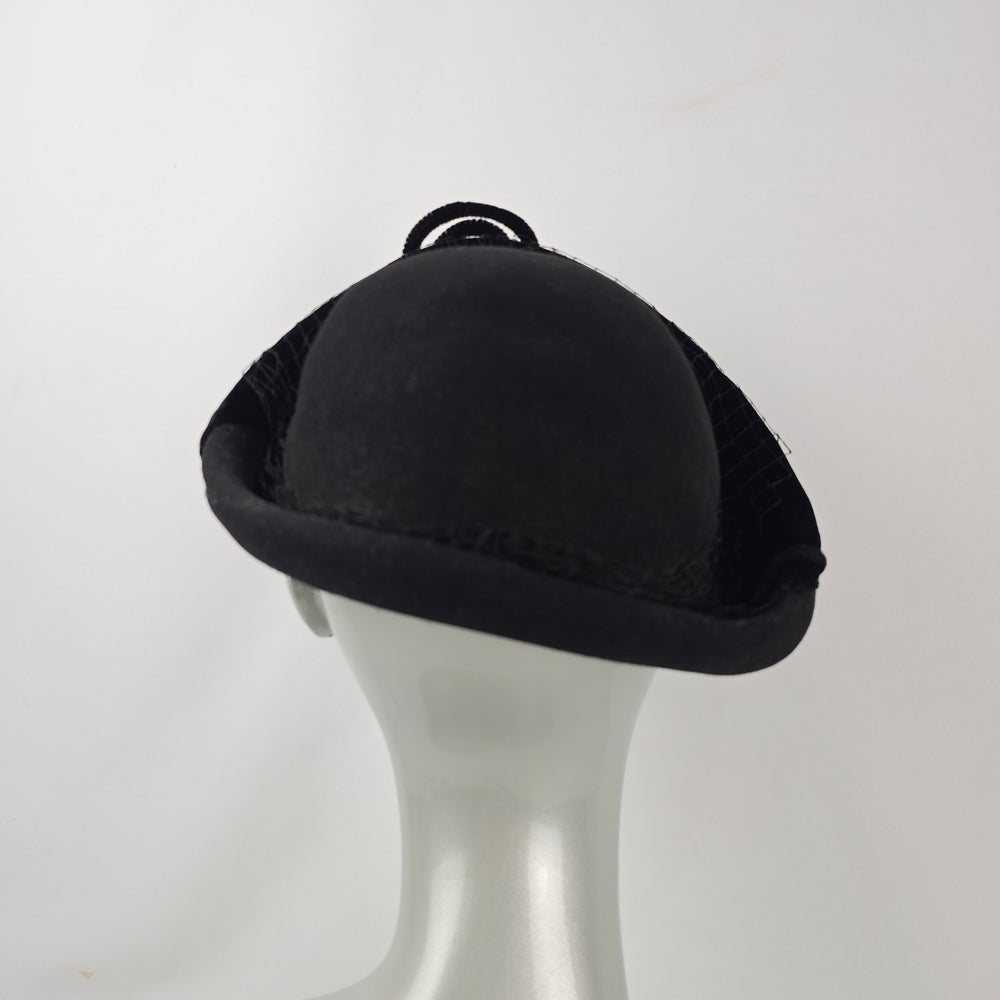 Vintage Eaton’s Black Tilt Hat with Veil Netting Velvet Trim & Faux Pearl Accent