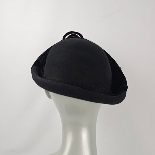 Vintage Eaton’s Black Tilt Hat with Veil Netting Velvet Trim & Faux Pearl Accent