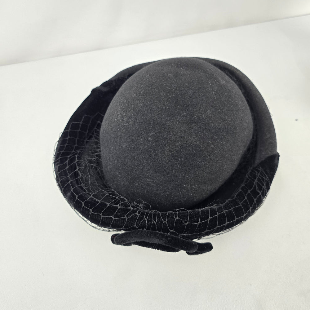 Vintage Eaton’s Black Tilt Hat with Veil Netting Velvet Trim & Faux Pearl Accent