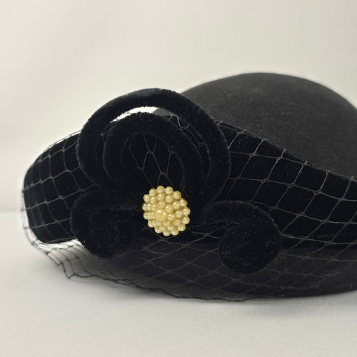 Vintage Eaton’s Black Tilt Hat with Veil Netting Velvet Trim & Faux Pearl Accent