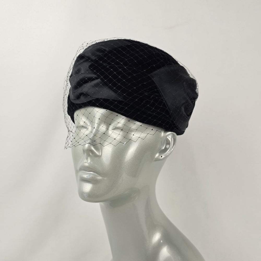 Vintage Fashion Original Toronto Black Velvet Pillbox Hat with Veil