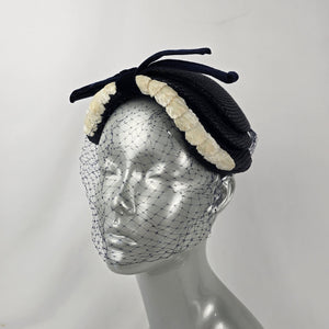 Vintage Eaton’s of Canada Navy Blue Woven Pillbox Hat with Veil & Velvet Bow