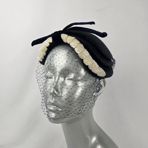 Vintage Eaton’s of Canada Navy Blue Woven Pillbox Hat with Veil & Velvet Bow