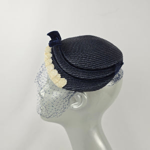 Vintage Eaton’s of Canada Navy Blue Woven Pillbox Hat with Veil & Velvet Bow