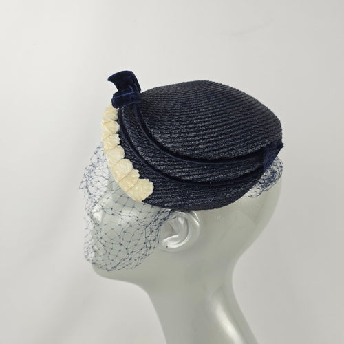 Vintage Eaton’s of Canada Navy Blue Woven Pillbox Hat with Veil & Velvet Bow