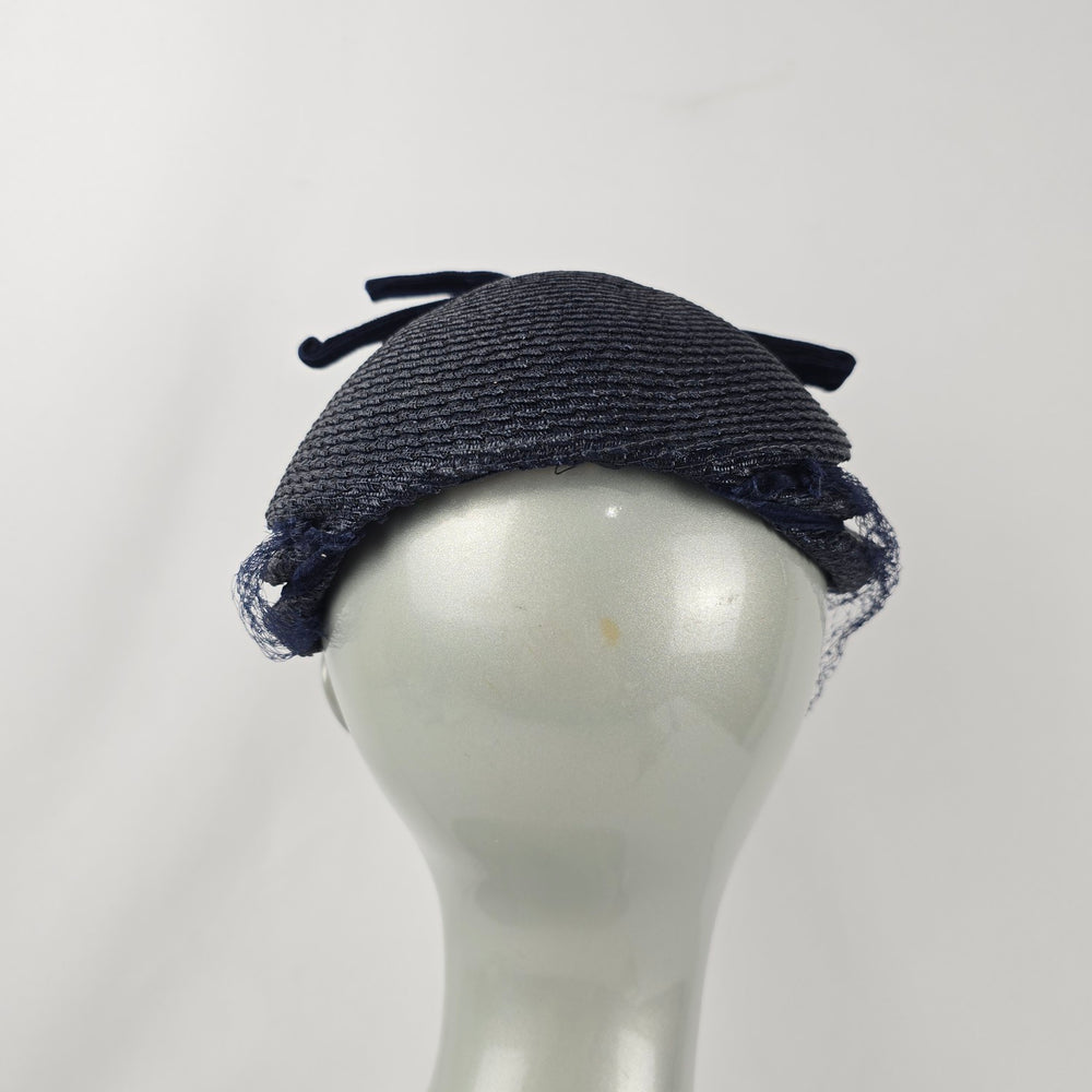 Vintage Eaton’s of Canada Navy Blue Woven Pillbox Hat with Veil & Velvet Bow