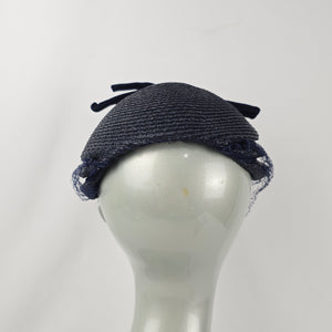 Vintage Eaton’s of Canada Navy Blue Woven Pillbox Hat with Veil & Velvet Bow