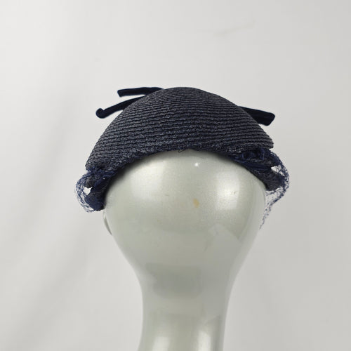 Vintage Eaton’s of Canada Navy Blue Woven Pillbox Hat with Veil & Velvet Bow