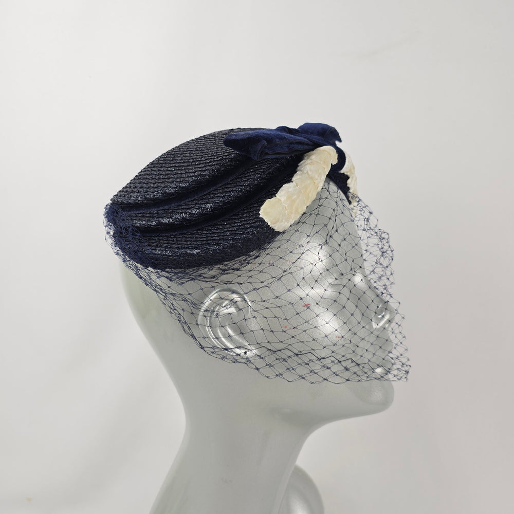 Vintage Eaton’s of Canada Navy Blue Woven Pillbox Hat with Veil & Velvet Bow