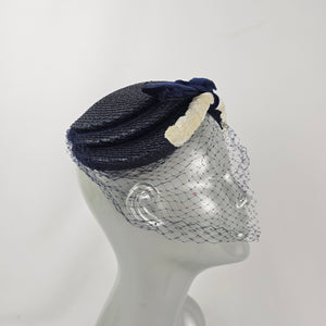 Vintage Eaton’s of Canada Navy Blue Woven Pillbox Hat with Veil & Velvet Bow